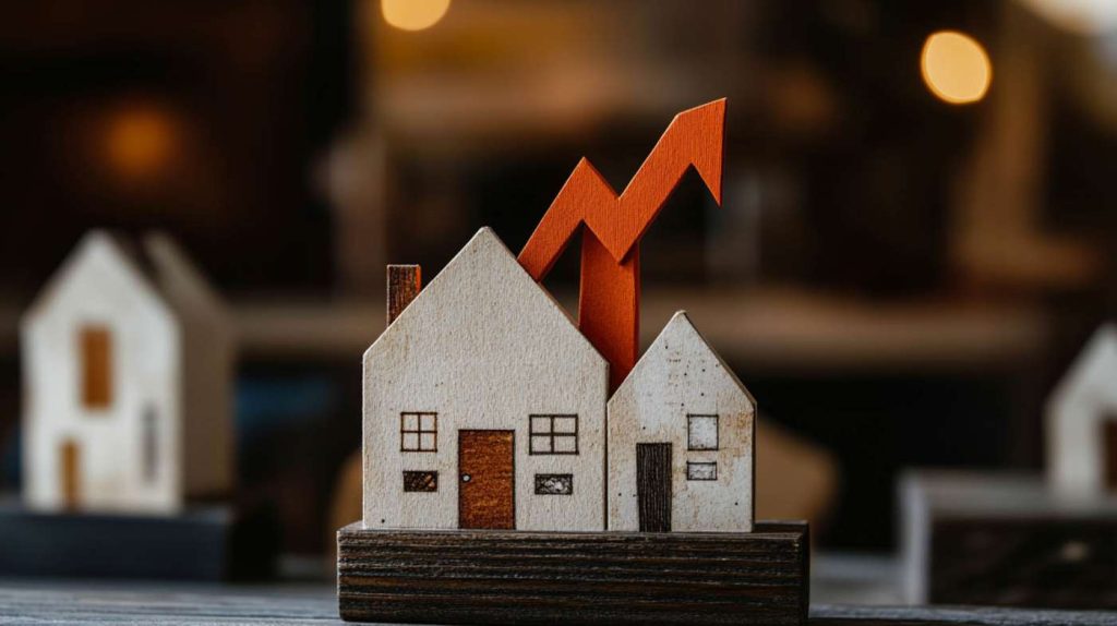 modelo em miniatura com duas casas de madeira sobre uma base. Atrás das casas, há uma grande seta laranja que aponta para cima, com um formato em zigue-zague.