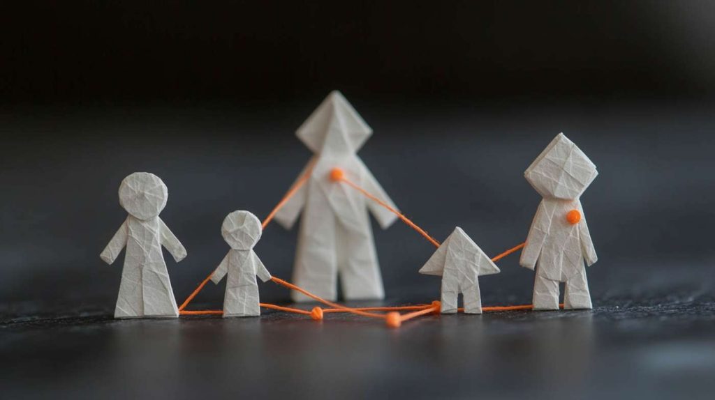 Representação abstrata de uma família ou grupo de pessoas, simbolizada por cinco figuras de origami de papel de cor clara, com tamanhos que sugerem adultos e crianças, estão conectadas por um fio laranja que forma uma rede entre elas.