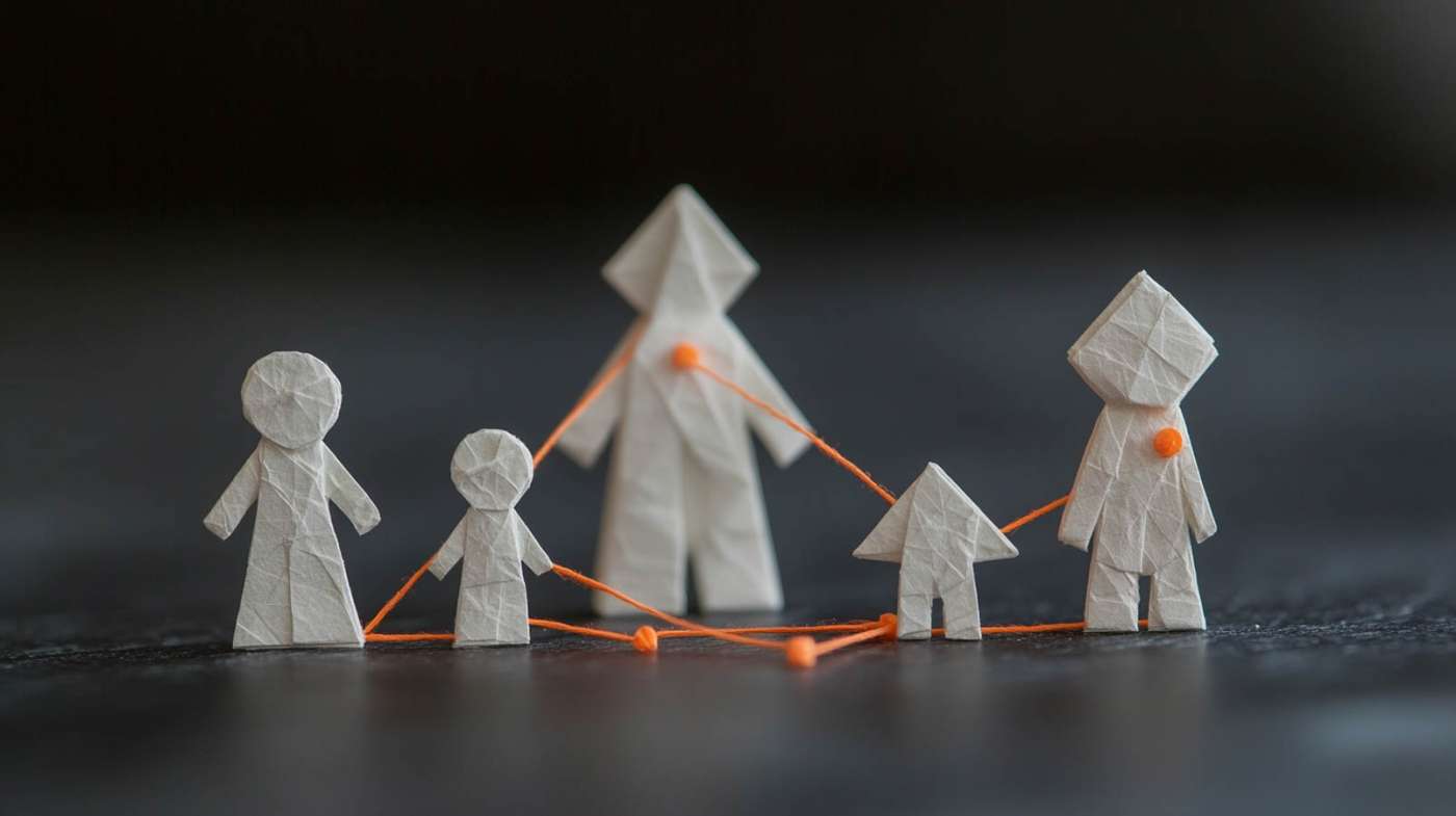 Representação abstrata de uma família ou grupo de pessoas, simbolizada por cinco figuras de origami de papel de cor clara, com tamanhos que sugerem adultos e crianças, estão conectadas por um fio laranja que forma uma rede entre elas.
