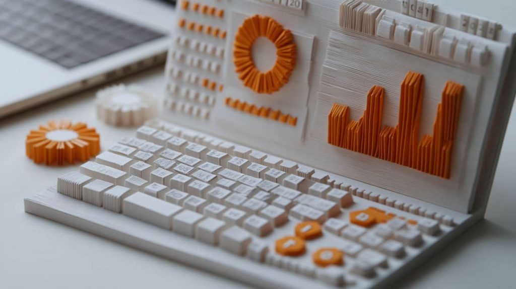 Notebook feito inteiramente de papel. A "tela" do notebook exibe gráficos e dados, também criados com papel.