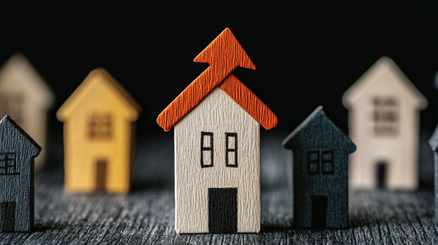 Casas de madeira em miniatura e texturizadas, dispostas sobre uma superfície escura