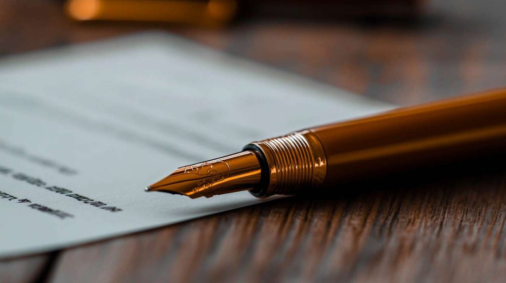 Fotografia em close-up de uma elegante caneta-tinteiro de cor bronze, deitada sobre um documento.