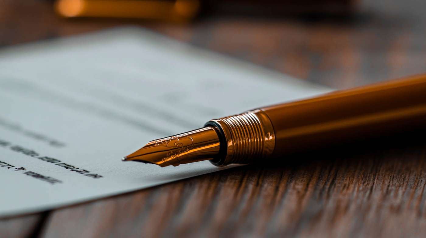 Fotografia em close-up de uma elegante caneta-tinteiro de cor bronze, deitada sobre um documento.